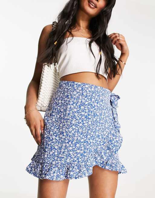 Urban Threads Flippy Mini Skirt With Ruffle Detail In Blue Ditsy Floral