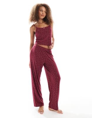 Urban Threads Urban Threads floral printed pointelle pyjama trouser in burgundy-Red