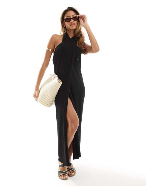 Urban Threads - Gebreide maxi-jurk met overslag aan de voorkant in zwart