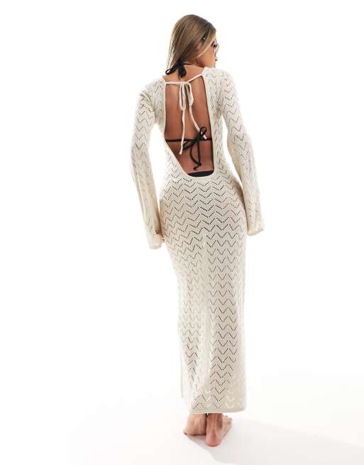 Urban Threads Gehaakte maxi jurk met open rug in gebroken wit ASOS