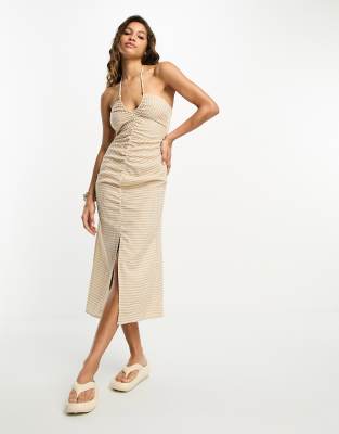 Urban Threads - Gerafftes Maxikleid in Beige mit Vichykaros-Grün