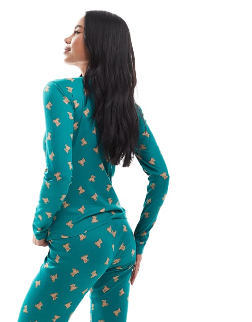 Urban Threads - Geribbelde henley pyjamatop met teddybeerprint in blauwgroen, 4 van 4