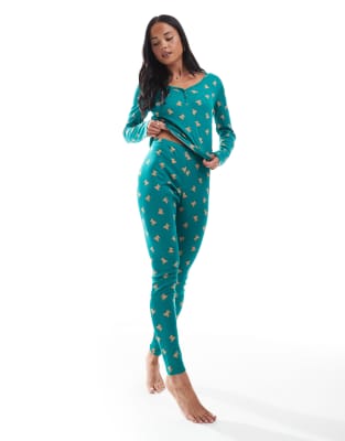 Urban Threads - Gerippte Pyjama-Hose in Petrol mit Teddy-Muster-Blau