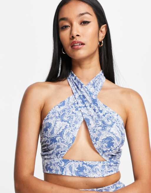 Urban Threads halter neck cross front crop top co-ord in paisley print