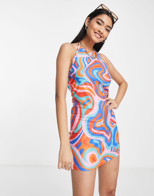 Urban Threads halter neck mini dress in multi swirl print