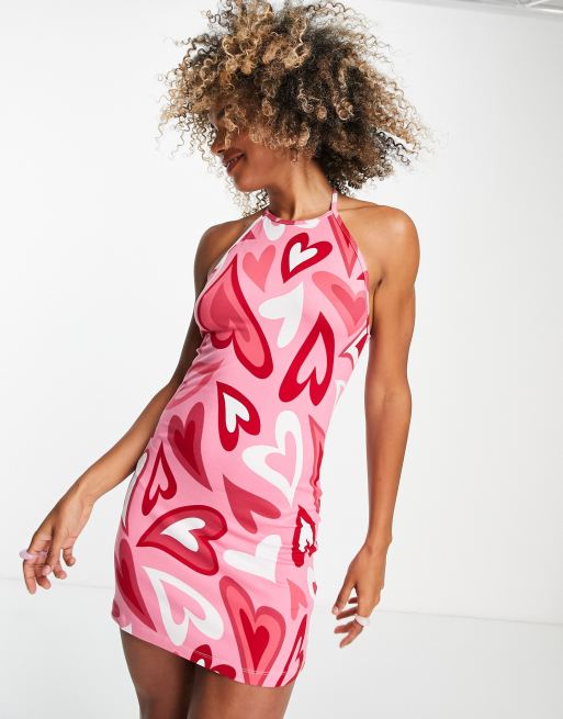 Urban Threads halterneck mini dress in pink heart print