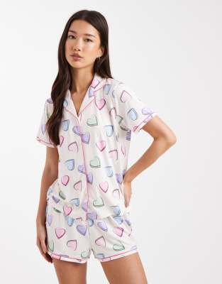 Urban Threads Jersey Camp Collar Top And Shorts Pajama Set In White