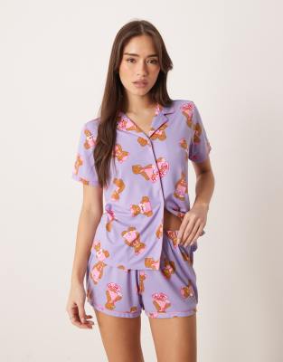 Urban Threads Jersey Camp Collar Top And Shorts Pajama Set In Purple