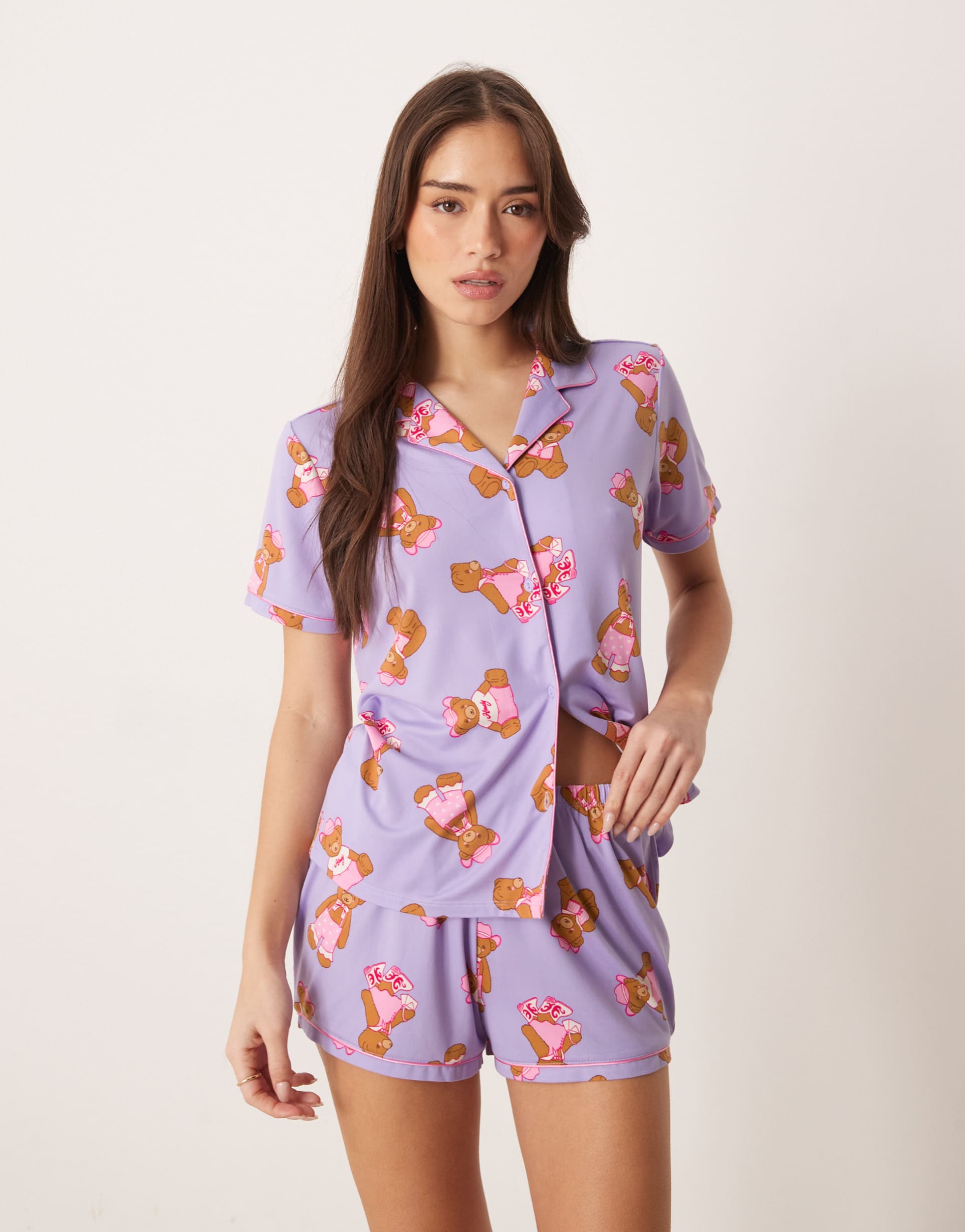 urban threads jersey camp collar top and shorts pajama set in lilac cowboy teddy print