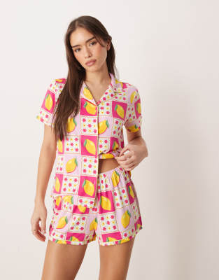 Urban Threads Jersey Camp Collar Top And Shorts Pajama Set In Pink