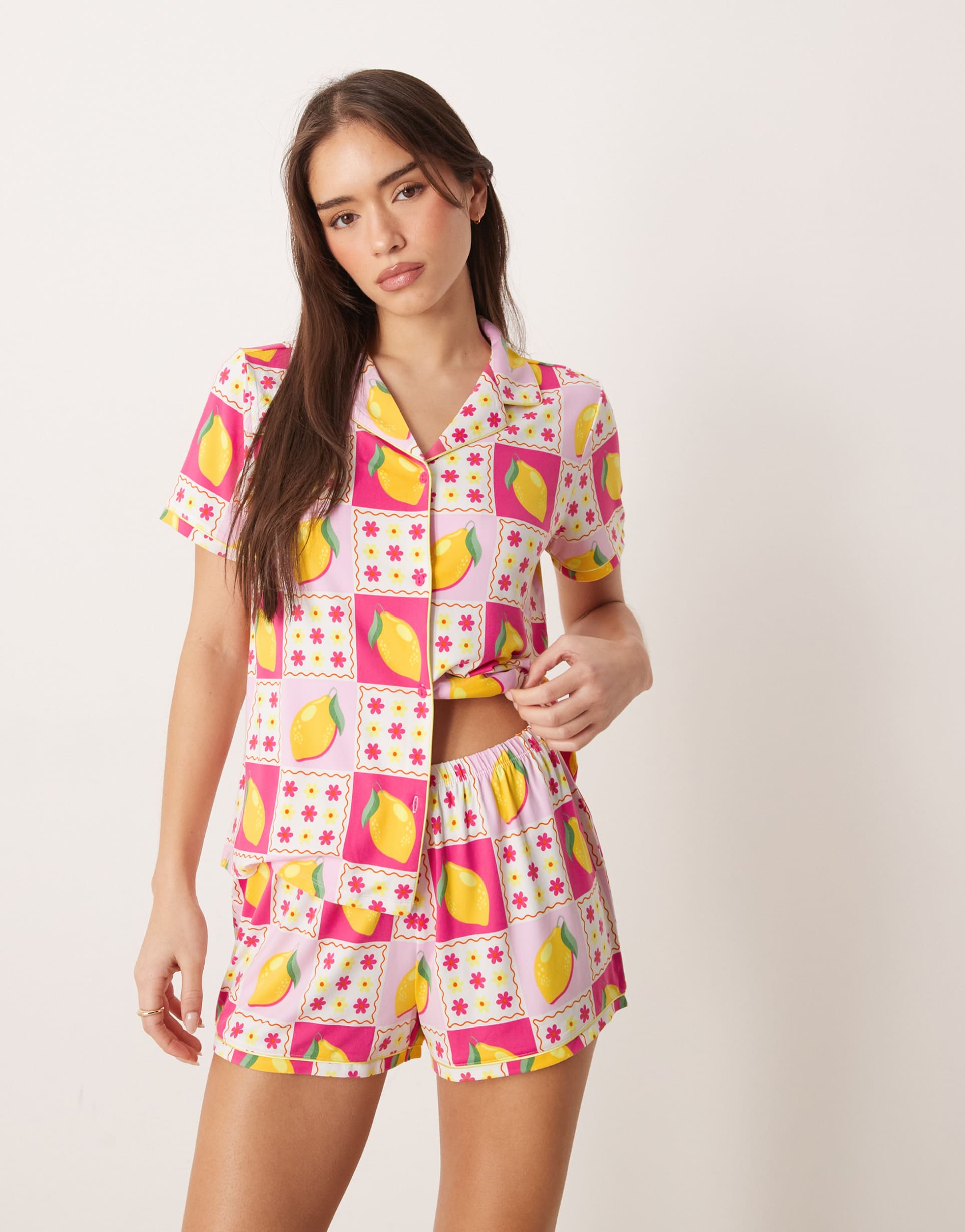 urban threads jersey camp collar top and shorts pajama set in pink and yellow lemon print