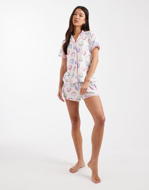 Urban Threads jersey revere top and short pyjama set in candy heart multi print, 2 of 4