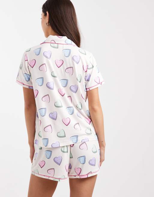 Urban Threads jersey revere top and short pyjama set in candy heart multi print, 4 of 4
