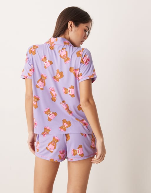 Urban Threads jersey revere top and short pyjama set in cowboy teddy print in lilac, 3 of 4