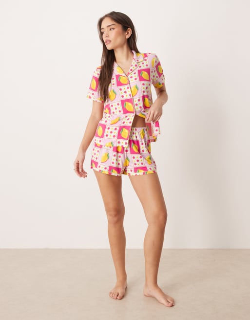 Urban Threads jersey revere top and short pyjama set in pink and yellow lemon print, 2 of 4