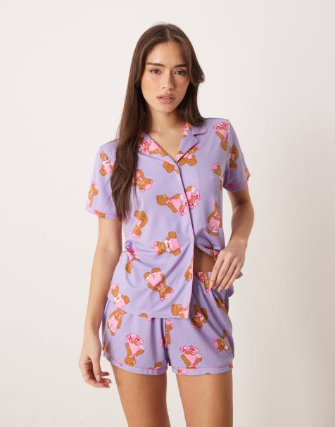 Urban Threads jersey revere top and shorts pyjama set in cowboy teddy print in lilac - view 1