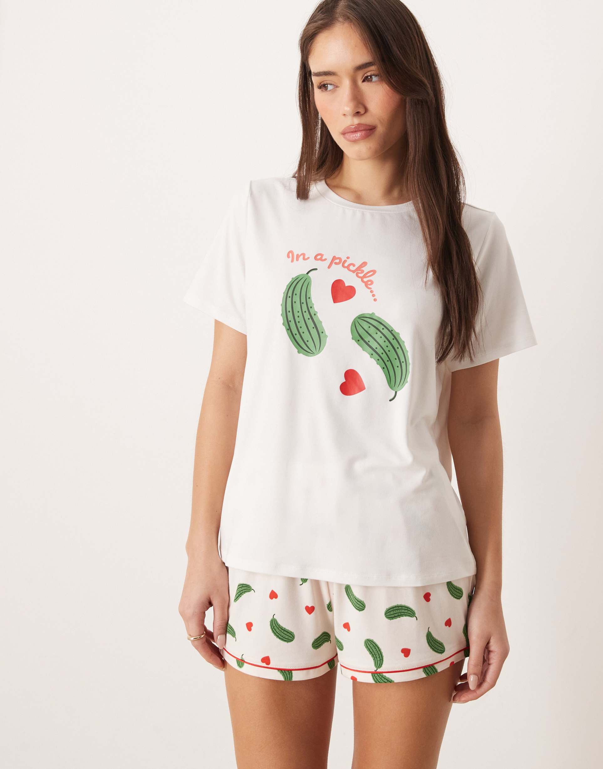 urban threads jersey t-shirt and shorts pajama set in pickle heart print