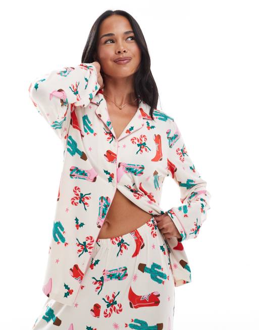 Urban Threads – Jul – Cowboymönstrad pyjamas med byxor och långärmad skjorta med platt krage, 3 av 4
