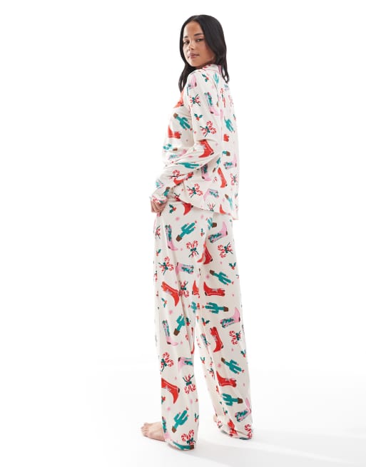 Urban Threads – Jul – Cowboymönstrad pyjamas med byxor och långärmad skjorta med platt krage, 4 av 4