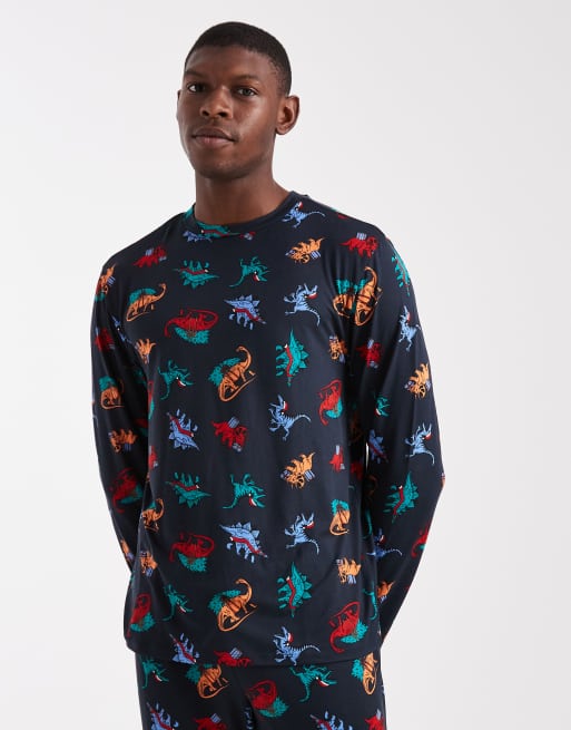 Urban Threads – Jul – Marinblå, dinosauriemönstrad pyjamas med byxor och långärmad topp med rund halsringning, 2 av 4