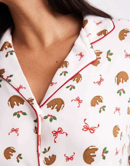 Urban Threads – Jul – Puddingmönstrad, långärmad pyjamas med byxor och långärmad tröja med platt krage, 4 av 4