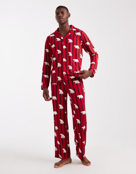 Urban Threads - Kerstmis - Pyjamaset met overhemd met lange mouwen en reverskraag en broek met ijsbeer- en streepprint - view 1