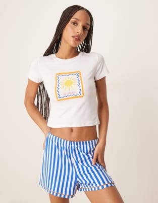 Urban Threads - Knapp geschnittenes T-Shirt mit auffälligem Sommer-Print, Kombiteil-Bunt