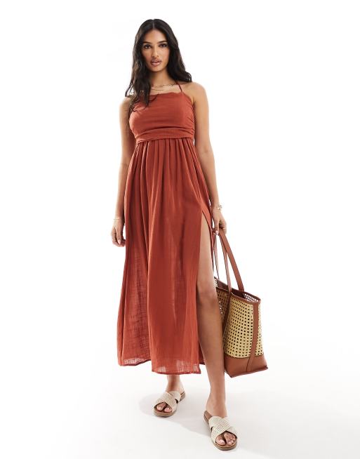 Urban Threads linen look halterneck midi dress in brown