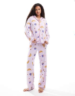 long sleeve camp collar breakfast print pajama set in lilac-Purple