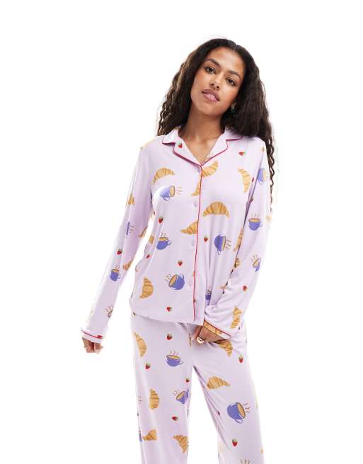 Urban Threads long sleeve camp collar breakfast print pajama set in lilac