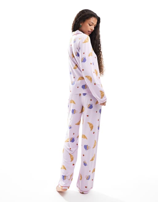 Urban Threads long sleeve camp collar breakfast print pajama set in lilac