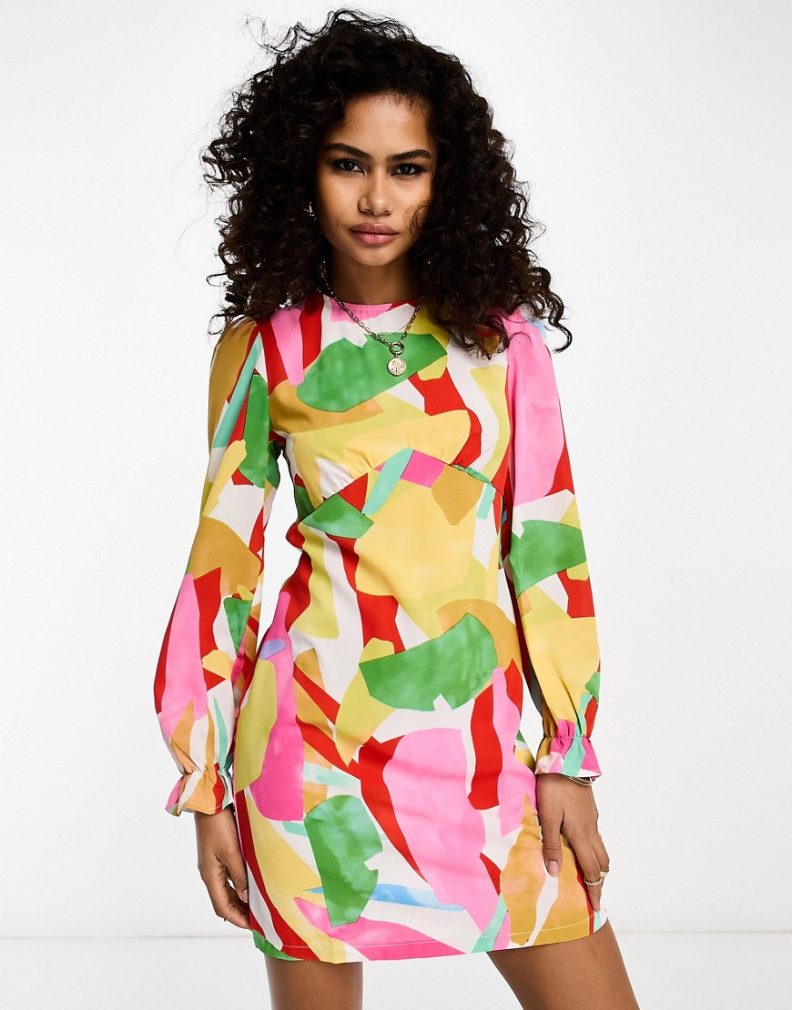 long sleeve mini dress in abstract print-Multi