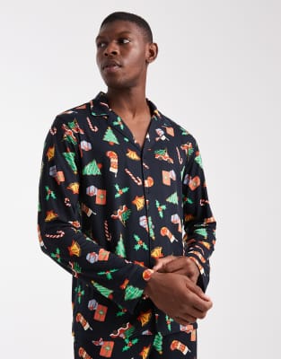 Urban Threads Long Sleeve Revere And Pants Pajama Set In Multi