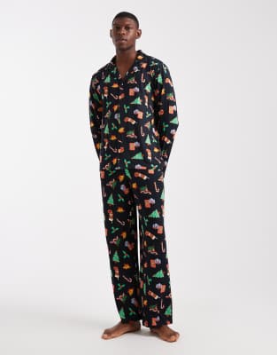Urban Threads Urban Threads long sleeve revere and trouser pyjama set in Christmas decoration print-Multi