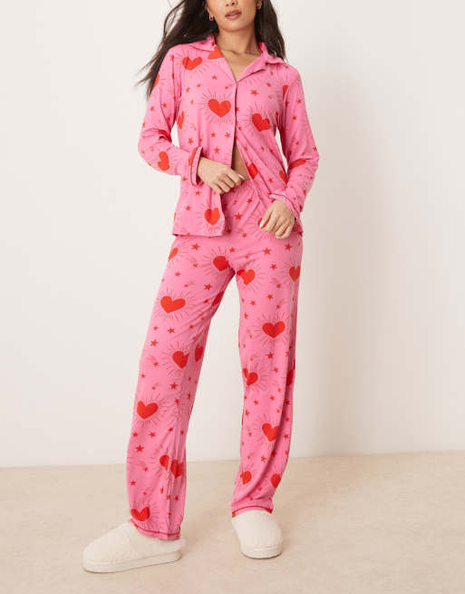 Urban Threads long sleeve revere shirt and pants pyjama set in sparkle heart print 