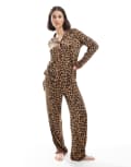 [Urban Threads] Urban Threads long sleeve revere top and pants pyjama set in leopard print-Brown 10 BROWN