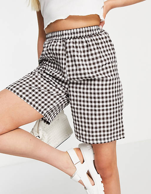 Urban Threads longline shorts in brown gingham (part of a set)