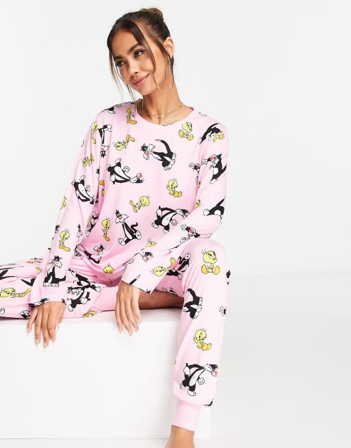 Urban Threads Looney Tunes Sylvester and Tweety Pie pyjama set in pink and lilac