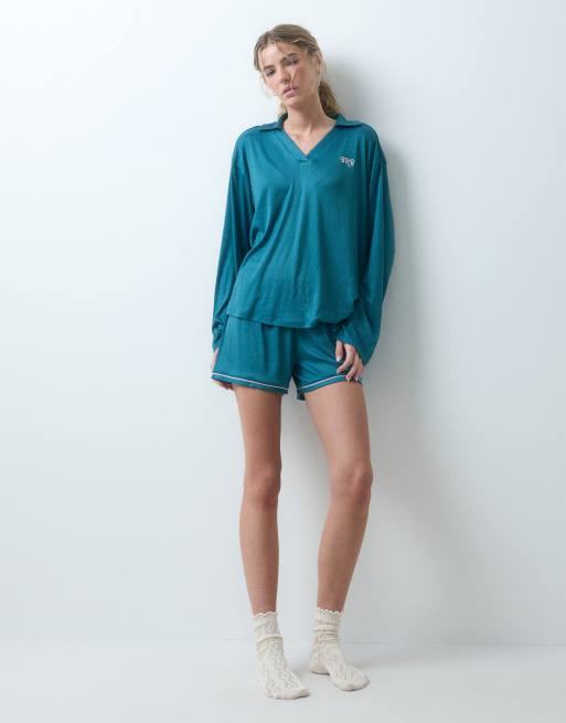 Urban Threads Lounge-Set aus geripptem Rugbyshirt und Shorts in Petrol, 2 von 4