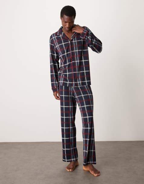 Urban Threads – Marinblå, rutig pyjamas i polyester med långärmad skjorta och byxor - view 1