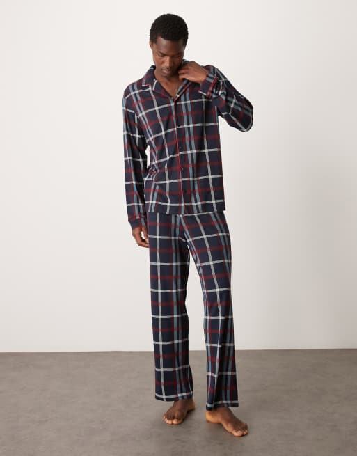 Urban Threads – Marinblå, rutig pyjamas i polyester med långärmad skjorta och byxor