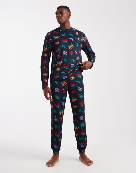 Urban Threads - Marineblåt jule-pyjamassæt med langærmet skjorte med rund hals og bukser med dinosaurprint - view 1