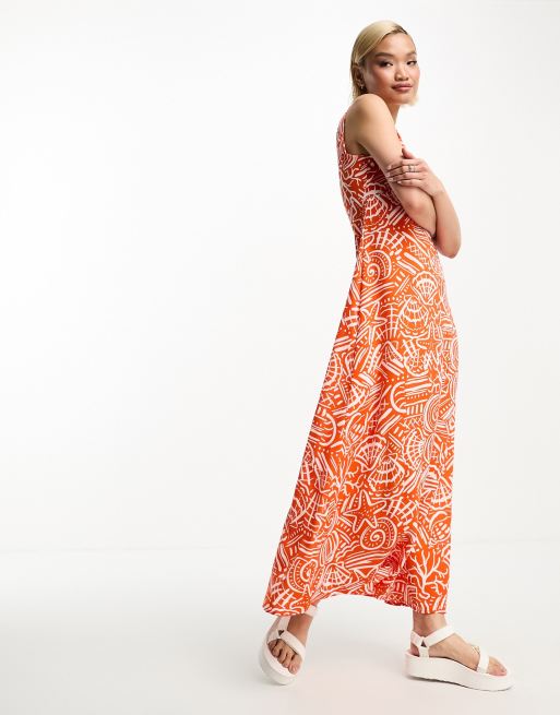 Urban Threads – Maxi-Hängerkleid in Orange mit abstraktem Muster