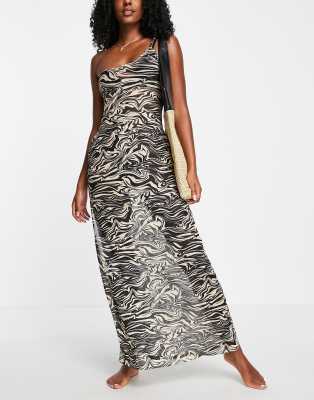 Urban Threads - Maxi-strandkjole med oneshoulder-snit og sort dyreprint