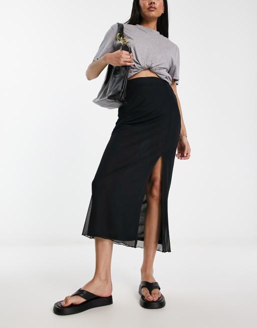 Urban Threads mesh midaxi skirt with lettuce hem in black | ASOS