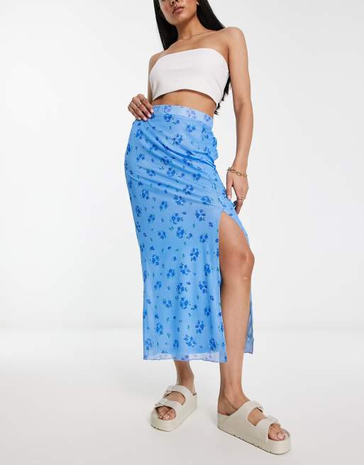 Urban Threads mesh midaxi skirt with lettuce hem in blue ditsy floral ...