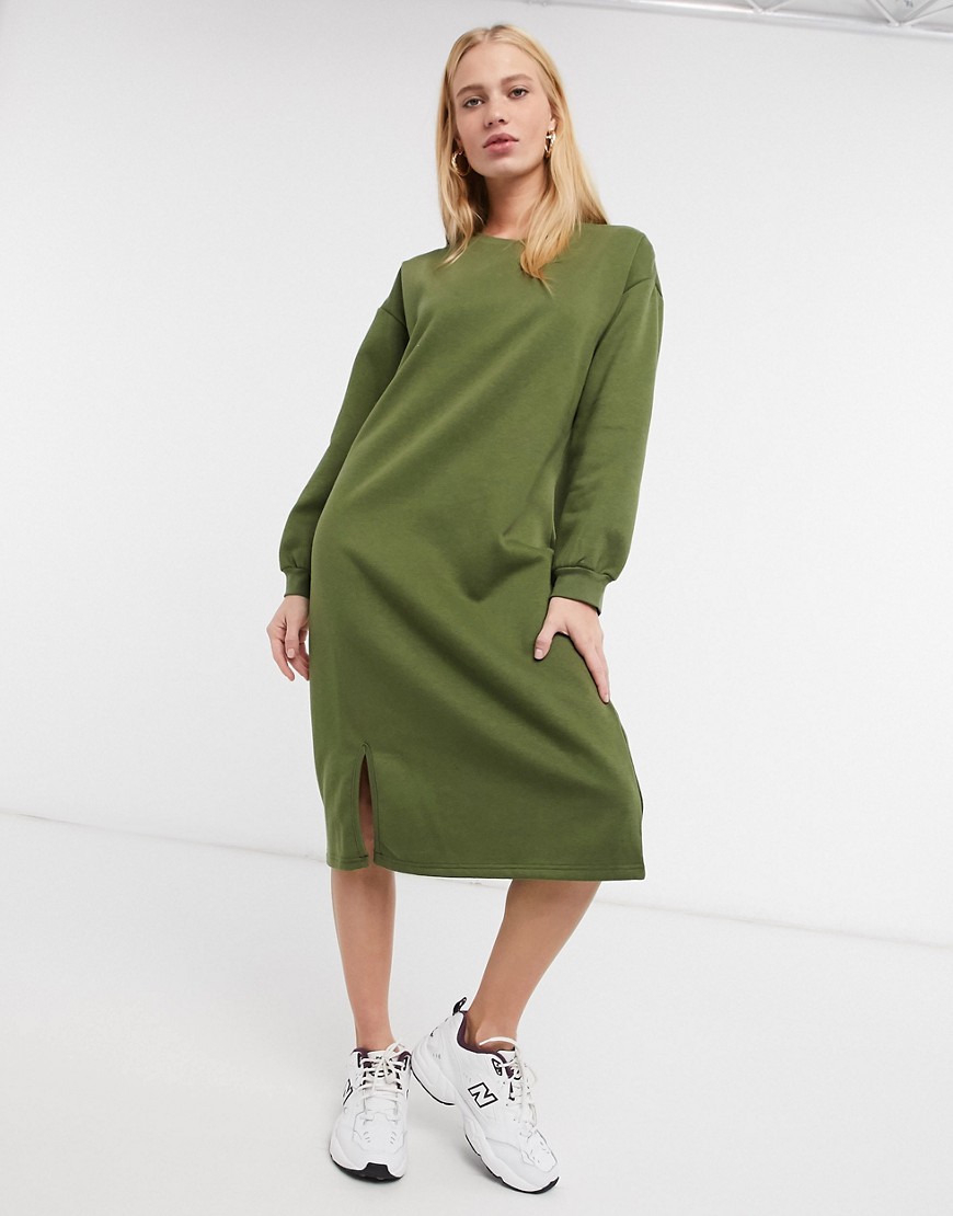 Urban Threads midi sweater dress with slit in khaki-Green