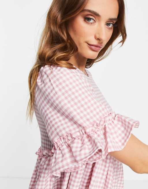 Urban Threads - Mini smockjurk met gingham ruitprint in roze, 3 van 4