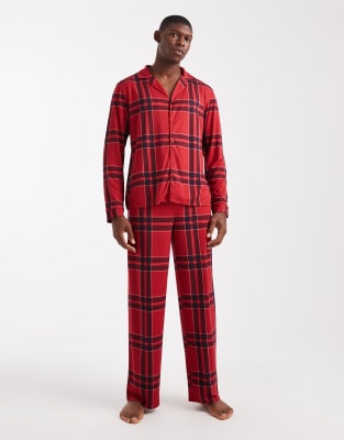 Urban Threads - Noël - Pyjama à carreaux avec pantalon et chemise à manches longues et col à revers - Rouge