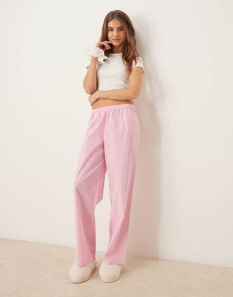 Urban Threads – Olikfärgad pyjamas med randiga byxor i bomull och pointellestickad topp med korta ärmar - view 1